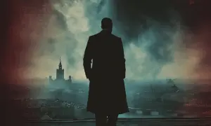 Mroczna sylwetka mężczyzny w płaszczu na tle mglistego miasta. Idealne na wieczór zagadki kryminalne z rozwiązaniem.