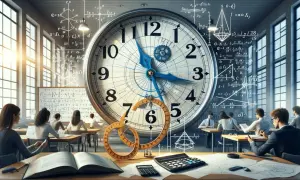 Klasa rozwiązuje zagadki z wykorzystaniem zegara, jak obliczyć kąty między wskazówkami. W tle wzory matematyczne.