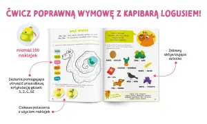 Krzyżówki logopedyczne z wężem Stefanem i kapibarą Logusiem pomagają utrwalić prawidłową wymowę głosek S, Z, C, DZ poprzez ćwiczenia i naklejki dla dzieci.