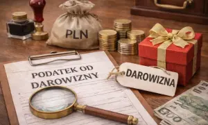 Darowizna dla rodziny z wygranej w lotto. Dokument "Podatek od darowizny", worek z PLN, monety, prezent i banknoty.