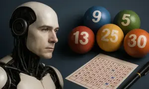 Cyborg analizuje liczby na kulach i karcie do gry, zastanawiając się, czy wykorzystanie sztucznej inteligencji do typowania liczb w loteriach działa.
