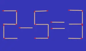 Zagadki matematyczne z zapałkami: 2-5=3. Jak znaleźć schemat? Liczby ułożone z zapałek na niebieskim tle.