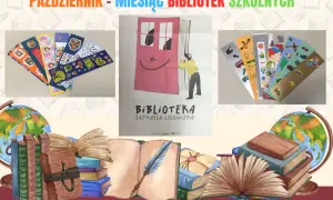 Październik - Miesiąc Bibliotek Szkolnych. Kolorowe zakładki do książek, plakat "Biblioteka zaprasza człowieka", globus i stosy książek. Inspiracje do tworzenia trudnych haseł do krzyżówek?