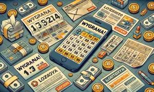 Telefon z napisem "WYGRANA!" i zaznaczonymi liczbami, obok gazety, pieniądze i monety. Czy loteriada informuje o wygranej?