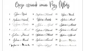 Przykłady czcionek do krzyżówki z hasłem głównym na prezent ślubny. Wiele opcji dla imion Pary Młodej.