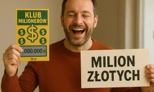 Szczęśliwy mężczyzna trzyma zdrapkę "Klub Milionerów" i tabliczkę "MILION ZŁOTYCH", świętując główne wygrane w zdrapkach.