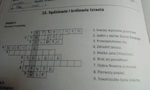Rozwiązana krzyżówka biblijna, gdzie zasady układania diagramu krzyżówki, dbanie o symetrię i czarne pola są kluczowe.
