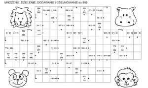 Krzyżówki matematyczne dla dzieci sprawdzony sposób na logiczne myślenie. Plansza z zadaniami arytmetycznymi i wizerunkami zwierząt.