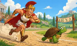 Achilles biegnie za żółwiem, ilustracja do paradoksów Zenona z Elei, pokazująca, dlaczego Achilles nie dogoni żółwia.