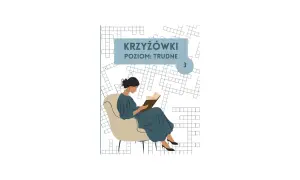 Ilustracja kobiety rozwiązującej krzyżówkę na tle siatki z polami do wypełnienia.