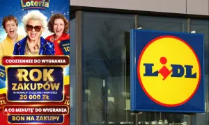 Plakat Lidla zaprasza do loterii z nagrodami, w tym rokiem zakupów. Regulamin loterii Lidl dostępny na stronie.