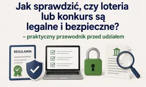 Jak sprawdzić, czy organizator internetowej loterii ma oficjalne zezwolenie izby? Grafika pokazuje regulamin, laptop z listą, kłódkę i dokument z lupą.