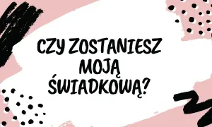 Pytanie "Czy zostaniesz moją świadkową?" na różowym tle z czarnymi wzorami. Idealne na zdrapkę z pytaniem do przyszłej świadkowej.