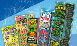 Kupony lotto zdrapki z różnymi nagrodami, od 200 000 zł do 45 925 000 zł.
