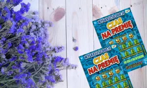 Dwa losy na zdrapki "Czas na premię" leżą obok bukietu fioletowych kwiatów. Zastanawiasz się, ile czasu na odbiór pieniędzy ze zdrapki? Przedawnienie wygranej to ważna kwestia!