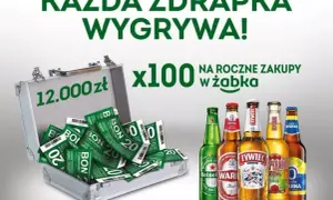 Walizka pełna bonów na zakupy w Żabce, symbolizująca wyczerpaną pulę zdrapki. 100 x 12.000 zł na roczne zakupy.
