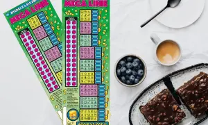 Dwie zdrapki lotto "Mega Linie" leżą obok kawy i ciasta.