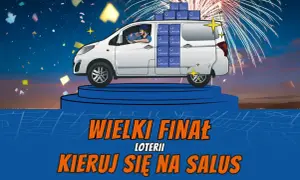 Biały van pełen paczek z logo "SALUS" na niebieskim podeście, fajerwerki i konfetti. Wielki finał loterii, kieruj się na Salus!