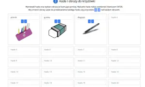Narzędzie do tworzenia krzyżówek edukacyjnych dla nauczycieli. Wpisz hasła, np. piórnik, gumka, długopis, i wybierz pasujące obrazki.