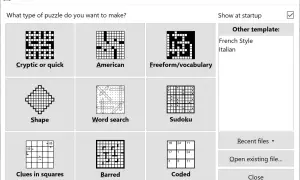 Interfejs programu do tworzenia krzyżówek. Wybór typu łamigłówki, np. "Cryptic or quick", "American", "Freeform/vocabulary", "Shape", "Word search", "Sudoku", "Clues in squares", "Barred", "Coded". Pokazuje, jak działają algorytmy w generatorach krzyżó...