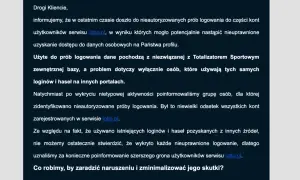 Fragment tekstu informujący o nieautoryzowanych próbach logowania do serwisu lotto.pl.