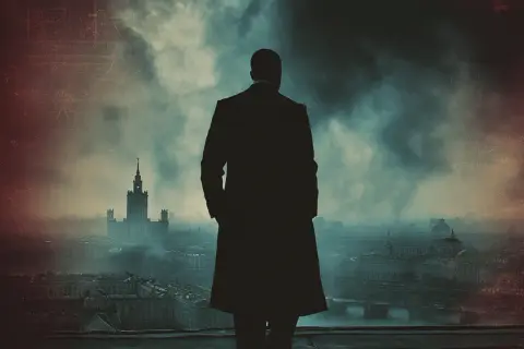 Mroczna sylwetka mężczyzny w płaszczu na tle mglistego miasta. Idealne na wieczór zagadki kryminalne z rozwiązaniem.