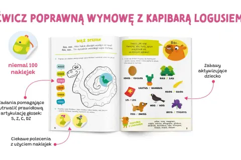 Krzyżówki logopedyczne z wężem Stefanem i kapibarą Logusiem pomagają utrwalić prawidłową wymowę głosek S, Z, C, DZ poprzez ćwiczenia i naklejki dla dzieci.