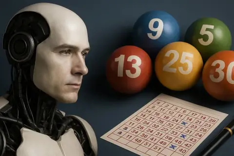 Cyborg analizuje liczby na kulach i karcie do gry, zastanawiając się, czy wykorzystanie sztucznej inteligencji do typowania liczb w loteriach działa.