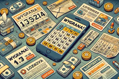 Telefon z napisem "WYGRANA!" i zaznaczonymi liczbami, obok gazety, pieniądze i monety. Czy loteriada informuje o wygranej?