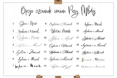 Przykłady czcionek do krzyżówki z hasłem głównym na prezent ślubny. Wiele opcji dla imion Pary Młodej.