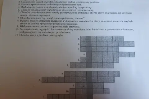 Fragment krzyżówki z numerowanymi polami i listą haseł dotyczących chorób skóry.