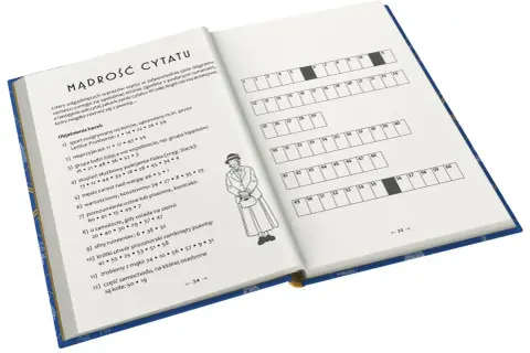 Zagadki detektywistyczne schematy dedukcji Agathy Christie. Książka z krzyżówką i ilustracją postaci w kapeluszu.
