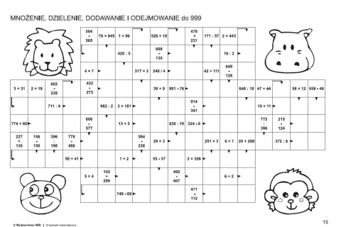 Krzyżówki matematyczne dla dzieci sprawdzony sposób na logiczne myślenie. Plansza z zadaniami arytmetycznymi i wizerunkami zwierząt.
