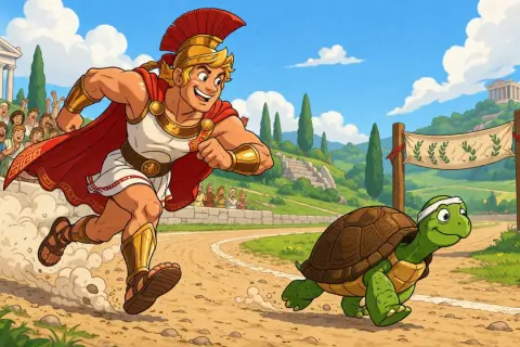 Achilles biegnie za żółwiem, ilustracja do paradoksów Zenona z Elei, pokazująca, dlaczego Achilles nie dogoni żółwia.