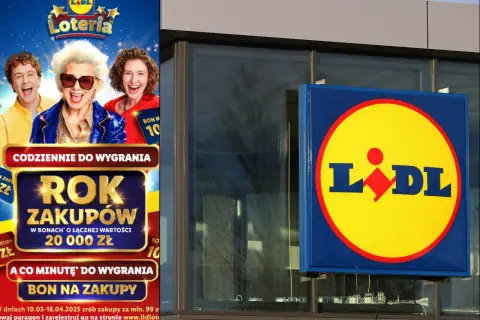 Plakat Lidla zaprasza do loterii z nagrodami, w tym rokiem zakupów. Regulamin loterii Lidl dostępny na stronie.