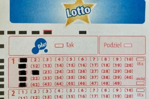 Kupon Lotto z zaznaczonymi numerami. Gdzie jest kod na kuponie lotto? Widoczne pola do wyboru "Plus" i "Podziel".