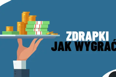 Dłoń podaje tacę ze stosem pieniędzy i monet. Napis "ZDRAPKI JAK WYGRAĆ?" sugeruje, że to klucz do sukcesu w zdrapkach lotto online.
