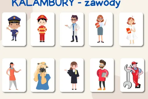 Policjant, strażak, lekarz, nauczycielka, pielęgniarka, pracownik gastronomii, fotograf, prawniczka, informatyk, mechanik – jak pokazać trudne hasła bez słów w grze kalambury.