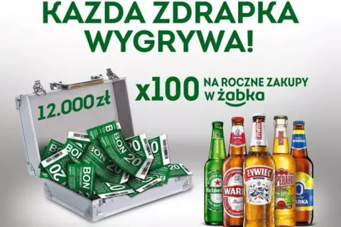 Walizka pełna bonów na zakupy w Żabce, symbolizująca wyczerpaną pulę zdrapki. 100 x 12.000 zł na roczne zakupy.