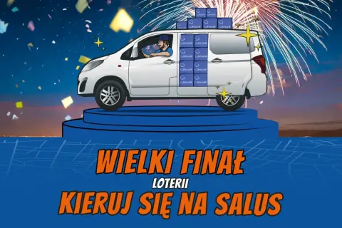 Biały van pełen paczek z logo "SALUS" na niebieskim podeście, fajerwerki i konfetti. Wielki finał loterii, kieruj się na Salus!