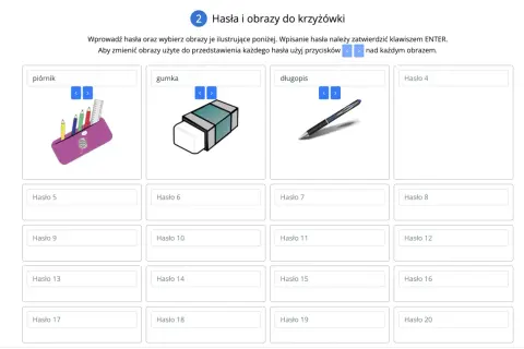 Narzędzie do tworzenia krzyżówek edukacyjnych dla nauczycieli. Wpisz hasła, np. piórnik, gumka, długopis, i wybierz pasujące obrazki.