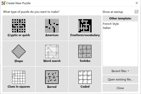 Interfejs programu do tworzenia krzyżówek. Wybór typu łamigłówki, np. "Cryptic or quick", "American", "Freeform/vocabulary", "Shape", "Word search", "Sudoku", "Clues in squares", "Barred", "Coded". Pokazuje, jak działają algorytmy w generatorach krzyżó...