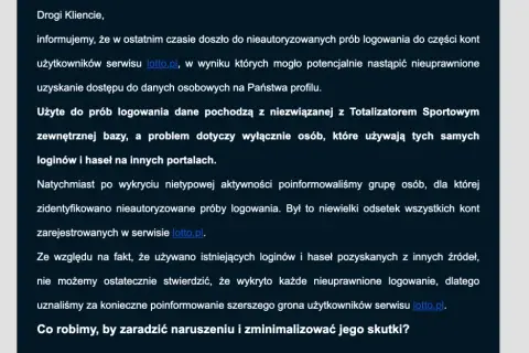 Fragment tekstu informujący o nieautoryzowanych próbach logowania do serwisu lotto.pl.
