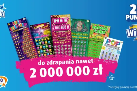 Kolekcja nowych zdrapek Lotto: Super Crazy Liczby, Super Gwiazda, Hit, Szlifon dla Ciebie, Papaya Cash i POP. Możliwość wygrania nawet 2 000 000 zł.