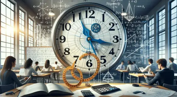 Klasa rozwiązuje zagadki z wykorzystaniem zegara, jak obliczyć kąty między wskazówkami. W tle wzory matematyczne.