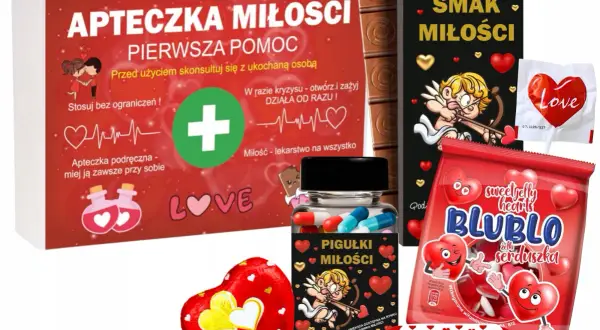 Apteczka miłości, czekolada, żelki serduszka, lizak i "tabletki" miłości.