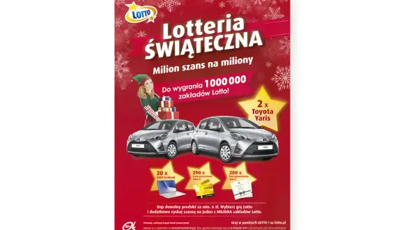 Świąteczna loteria Lotto: wygraj 2x Toyota Yaris, laptopy i bony. Kup produkt za min. 6 zł i zagraj o miliony!