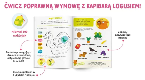 Krzyżówki logopedyczne z wężem Stefanem i kapibarą Logusiem pomagają utrwalić prawidłową wymowę głosek S, Z, C, DZ poprzez ćwiczenia i naklejki dla dzieci.