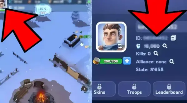 Gra strategiczna z zimowym motywem, gdzie zdobywasz nagrody za kody. Widoczny profil gracza i mapa z zasobami.