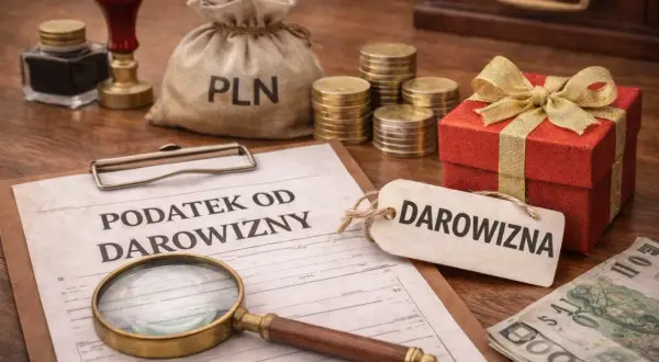 Darowizna dla rodziny z wygranej w lotto. Dokument "Podatek od darowizny", worek z PLN, monety, prezent i banknoty.